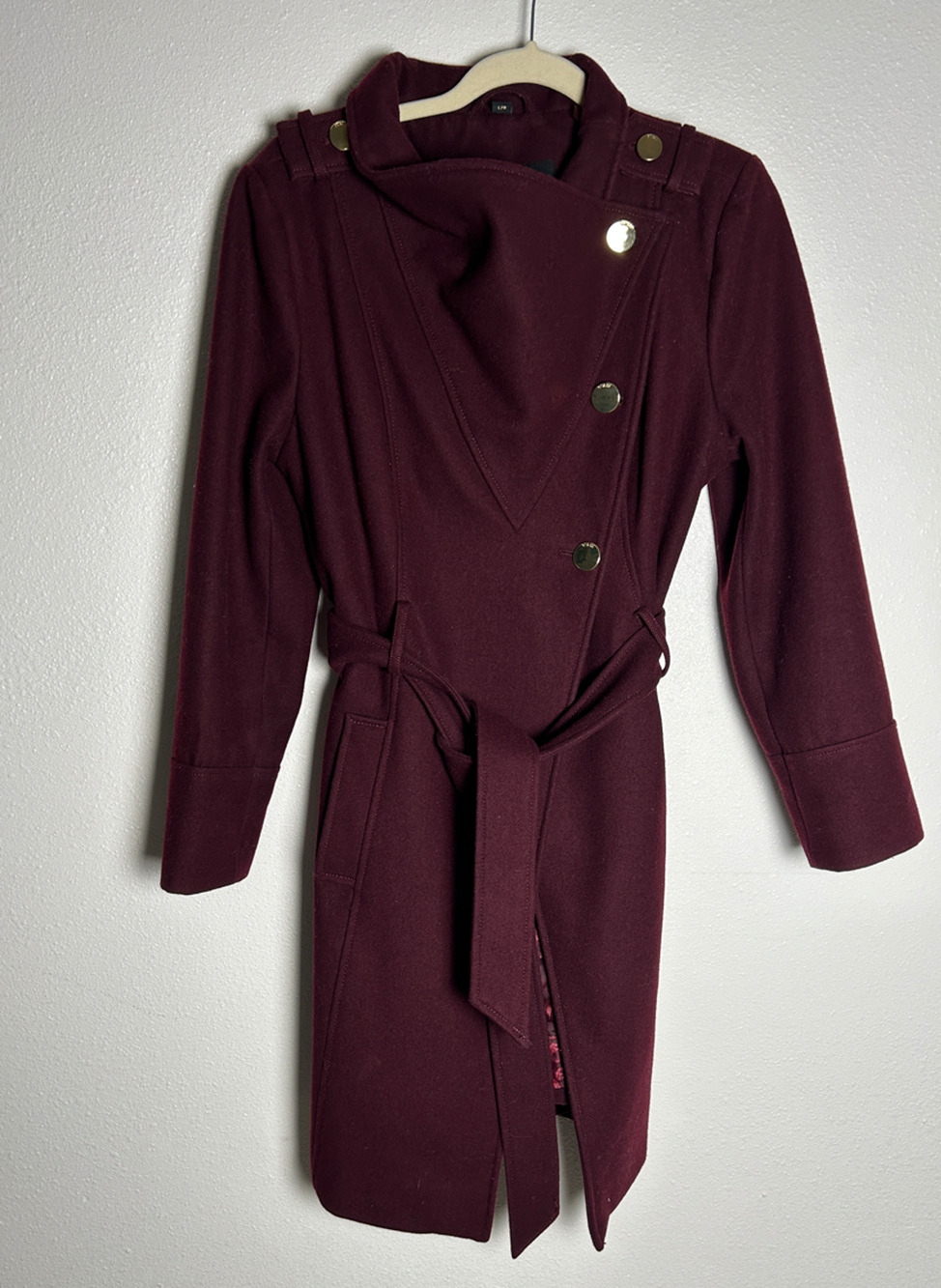 GUESS Asymmetrical Belted Wrap Coat Maroon High Collar Wool Blend Size Large